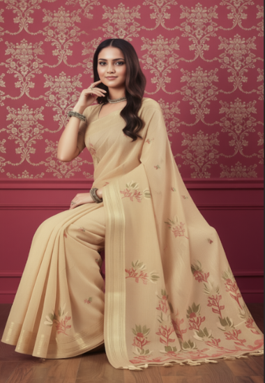 Beige with Floral Motifs - Silk