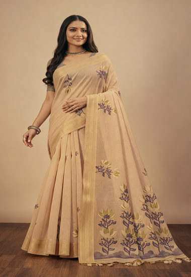 Beige with Purple Floral Motifs - Silk