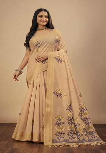 Beige with Purple Floral Motifs - Silk