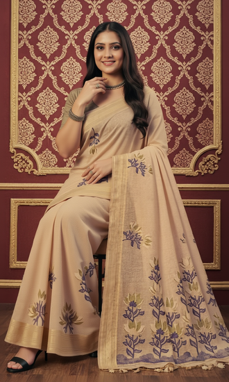 Beige with Purple Floral Motifs - Silk