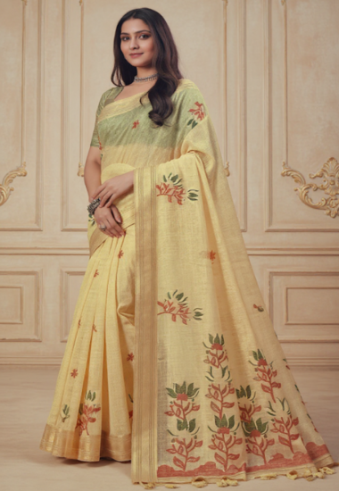 Light Yellow with Floral Motifs - Silk