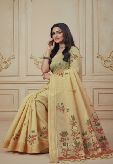 Light Yellow with Floral Motifs - Silk
