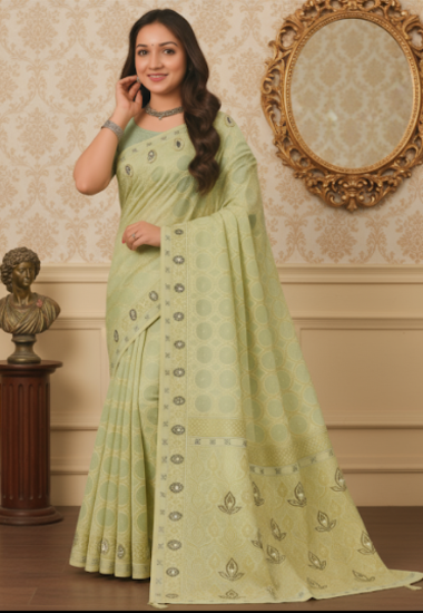 Mint Green with Geometric Motifs - Organza