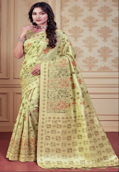 Light Green with Floral Motifs Silk