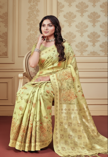 Light Green with Floral Motifs Silk