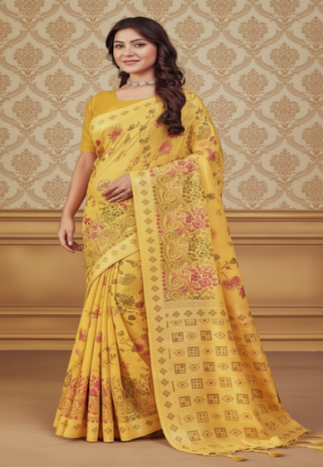 Yellow with Floral Motifs - Silk