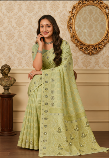 Mint Green with Geometric Motifs - Organza