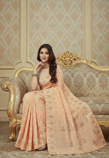 Peach with circular and floral patterns Organza