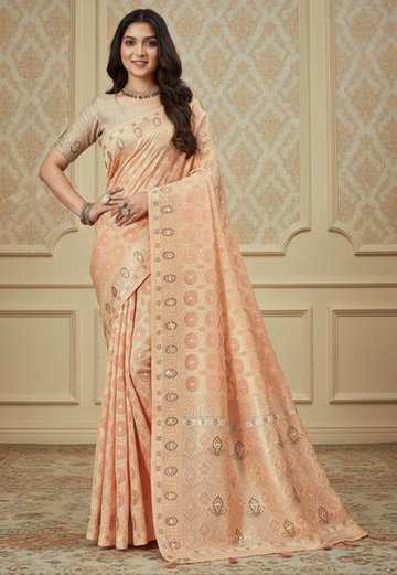 Peach with circular and floral patterns Organza