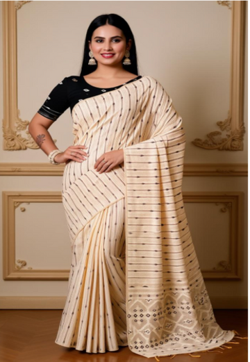 Beige & Black Stripes Silk