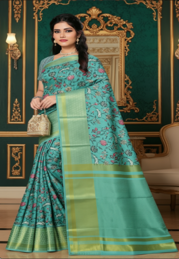 Teal with Pink Floral Motifs - Silk