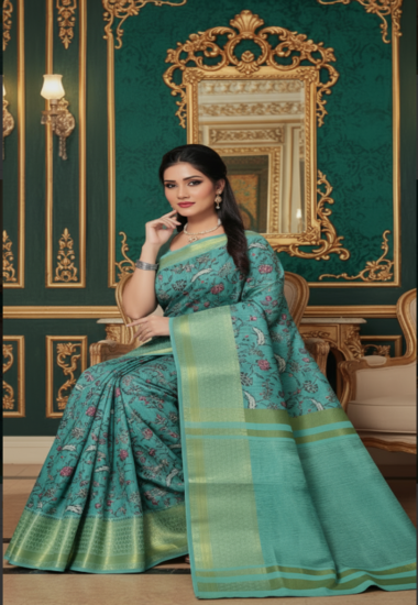 Teal with Pink Floral Motifs - Silk