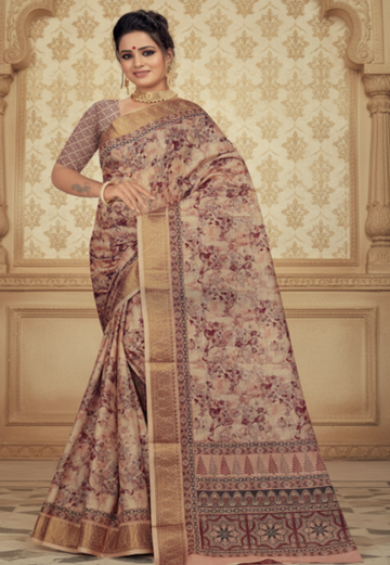 Beige with Pink Floral Motifs - Silk
