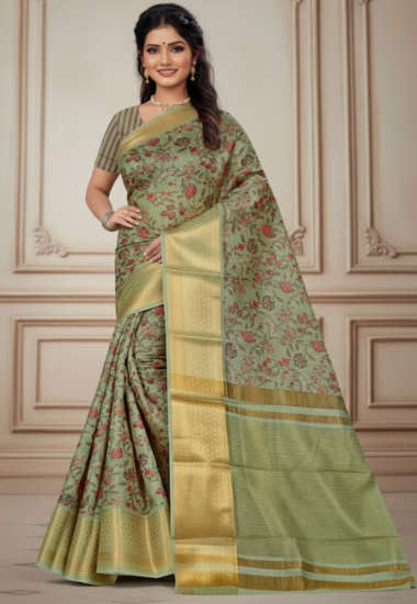 Olive Green with Pink Floral Motifs - Silk