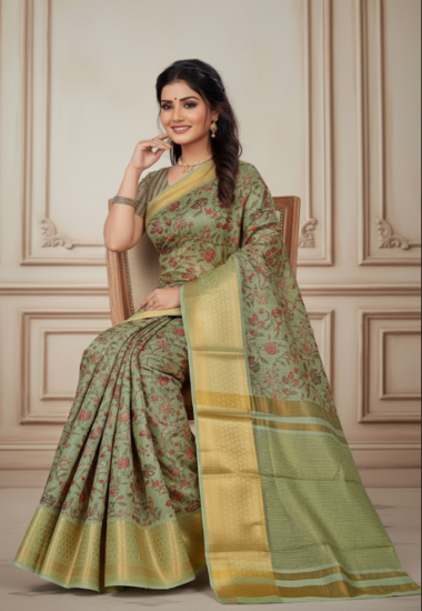 Olive Green with Pink Floral Motifs - Silk