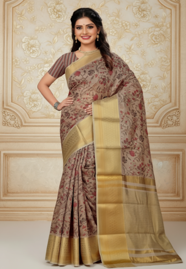 Taupe with Pink Floral Motifs - Silk