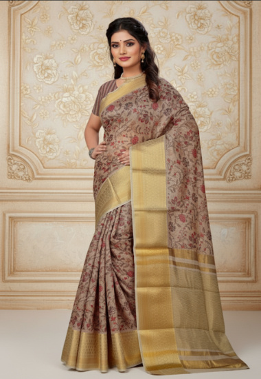 Taupe with Pink Floral Motifs - Silk