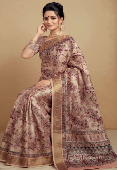 Beige with Pink Floral Motifs - Silk