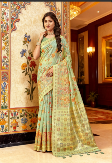 Mint Green with Floral Motifs - Silk
