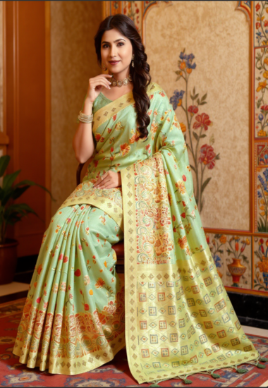Mint Green with Floral Motifs - Silk