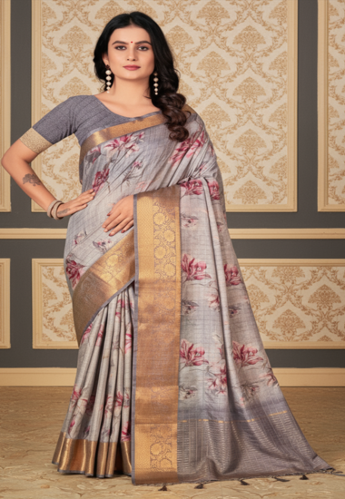 Gray with Pink Floral Motifs - Silk