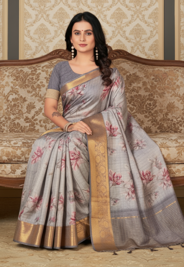 Gray with Pink Floral Motifs - Silk