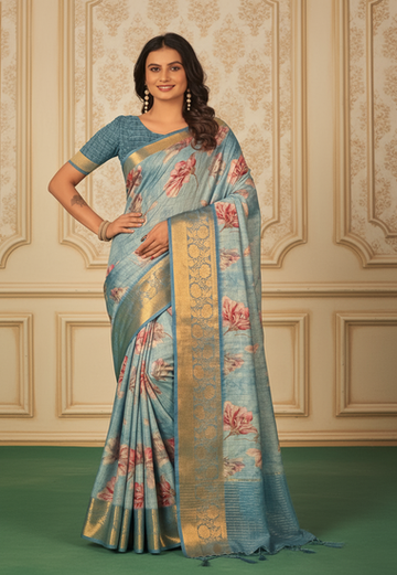 Light Blue with Pink Floral Motifs - Silk