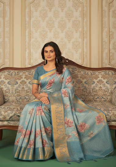 Light Blue with Pink Floral Motifs - Silk
